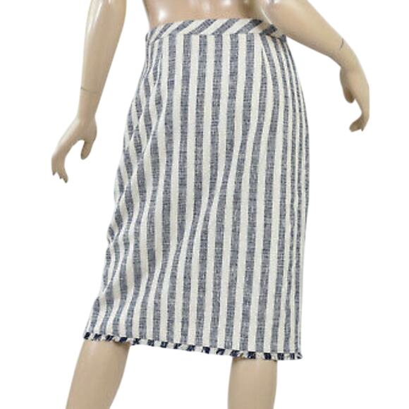 BANANA REPUBLIC Navy & White STRIPE TWEED PENCIL Fringe Trim Faux-Wrap Skirt 8 - Picture 2 of 3